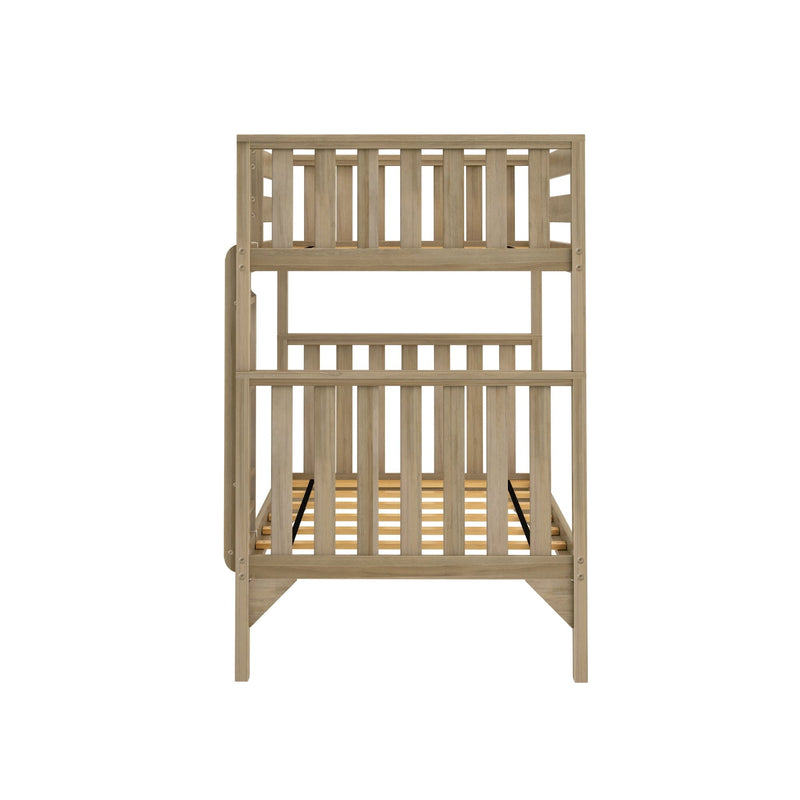 Front view of a natural wood twin-over-twin bunk bed with slatted guardrails, solid wood frame, and wooden slat mattress support