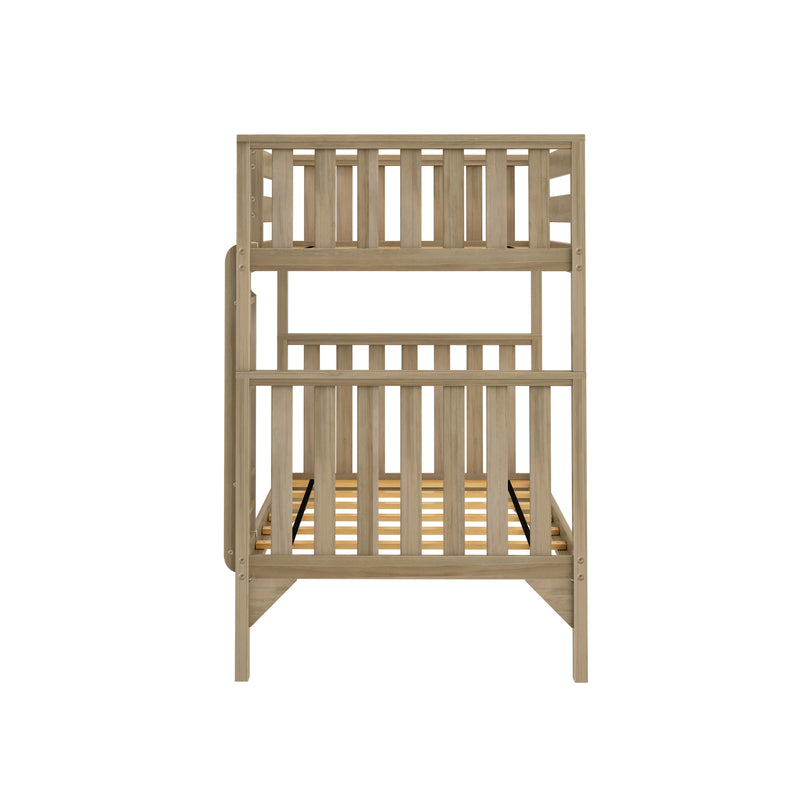 Wooden twin-over-twin bunk bed frame, light natural finish, vertical slatted headboards and footboards, sturdy modern children's bunk bed