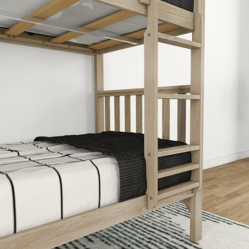 Close-up of a natural light wood twin bunk bed frame with ladder and slatted guardrail, showing mattress with white striped bedding and black knit throw on hardwood floor in a modern kids' bedroom