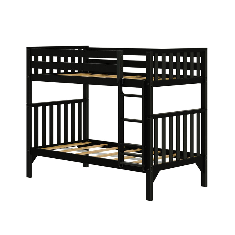 Black wooden twin-over-twin bunk bed with built-in ladder, slatted mattress supports and safety rails for kids' bedroom