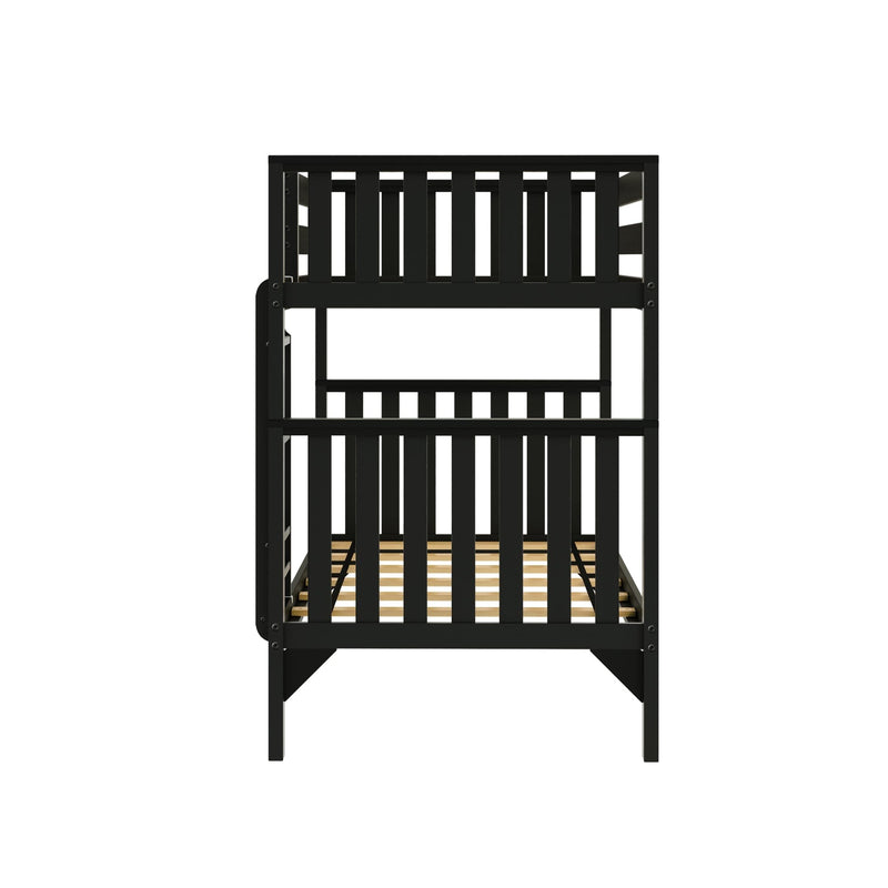 Black wooden twin-over-twin bunk bed frame with vertical slatted guardrails and wooden mattress slats, modern kids' bedroom furniture, front view on white background