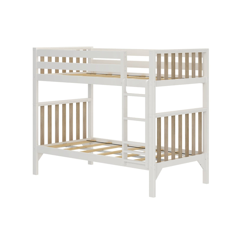 White wooden twin-over-twin bunk bed frame with natural wood slats and ladder, modern kids loft bed