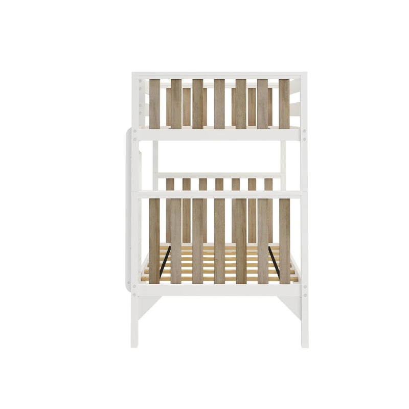 White wooden twin-over-twin bunk bed frame with natural wood slats, modern space-saving kids bedroom furniture