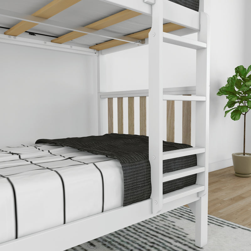 White wooden bunk bed with ladder, striped sheets and black knit blanket, natural wood slats and potted plant in modern kids' bedroom