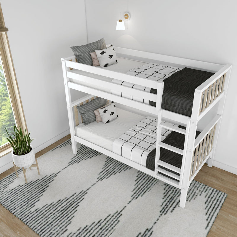White wooden twin-over-twin bunk bed in modern minimalist kids bedroom with black-and-white bedding, ladder, patterned rug and potted plant