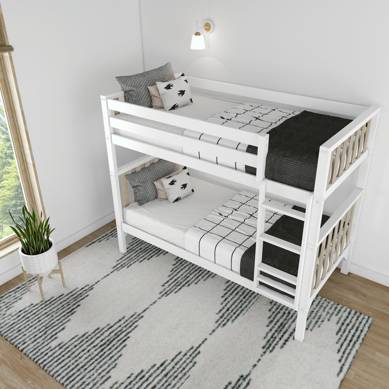 White wooden bunk bed with black-and-white patterned bedding, pillows and ladder in a modern minimalist kids' bedroom with wall sconce, potted plant and area rug