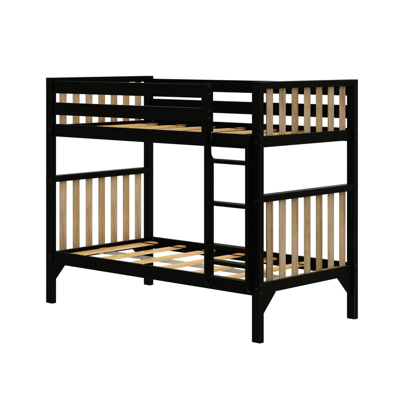 Black metal twin-over-twin bunk bed frame with natural wood slats and built-in ladder, modern platform bunk for kids and teens
