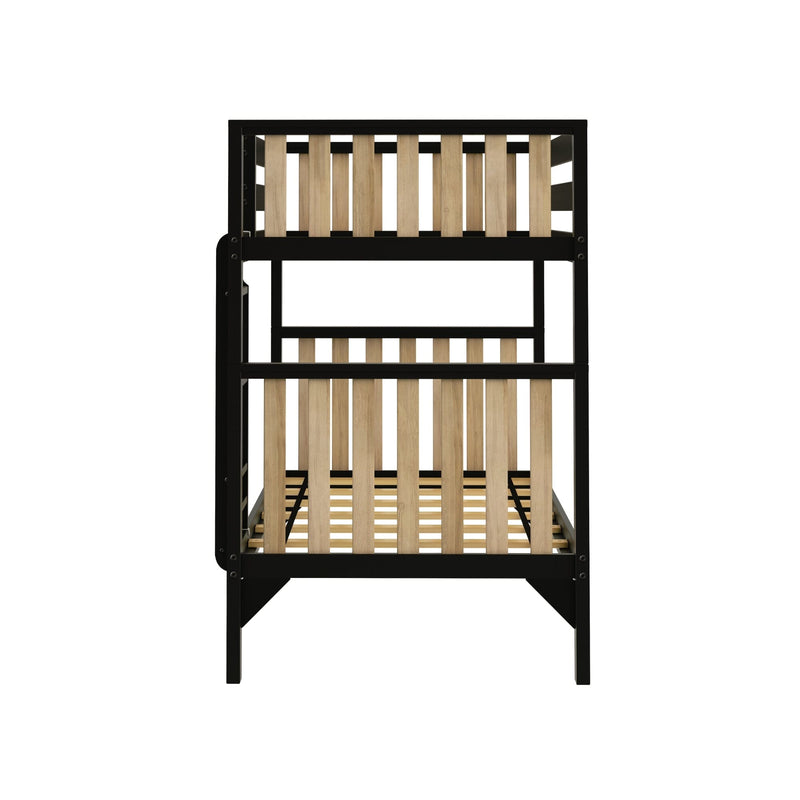 Black metal bunk bed frame with natural wooden slats, modern twin-over-twin design, front view, mattress support