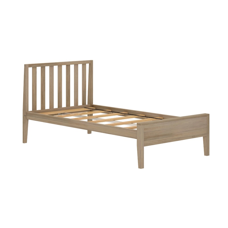 Oak platform bed frame with vertical slatted headboard, wooden mattress slats and tapered legs
