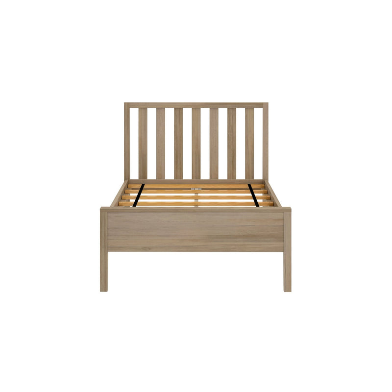 Minimalist wooden bed frame with vertical slatted headboard and slatted platform base in natural oak finish