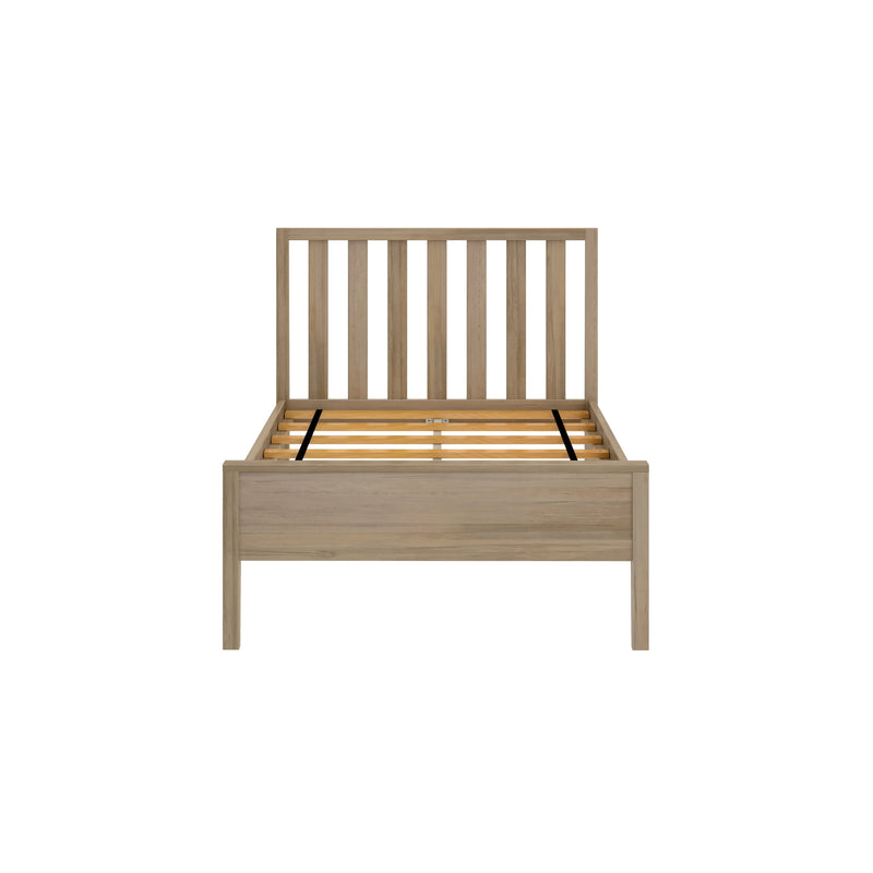 Natural oak platform bed frame with vertical slatted headboard and wooden slat mattress support, minimalist modern farmhouse bedroom furniture