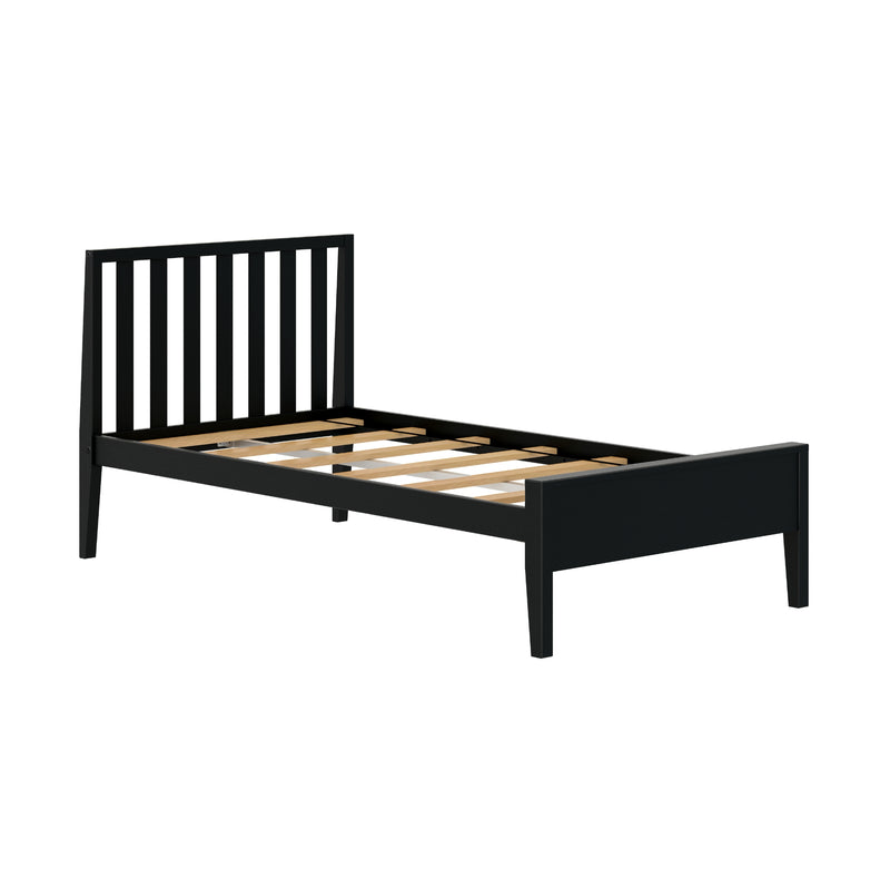 Black wooden platform bed frame with vertical slatted headboard and exposed wooden mattress slats, modern minimalist bedroom furniture on white background