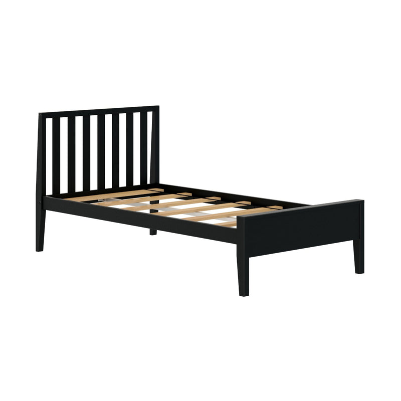 Black wooden platform bed frame with vertical slatted headboard and exposed wooden mattress slats, modern minimalist bedroom furniture on white background
