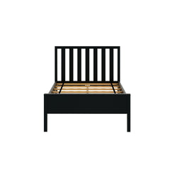 Modern black wooden bed frame with slatted headboard and sturdy base structure.