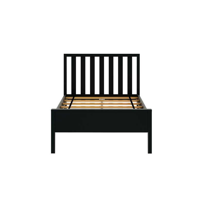 Black wooden platform bed frame with vertical slatted headboard and wooden slat base, modern minimalist bedroom furniture