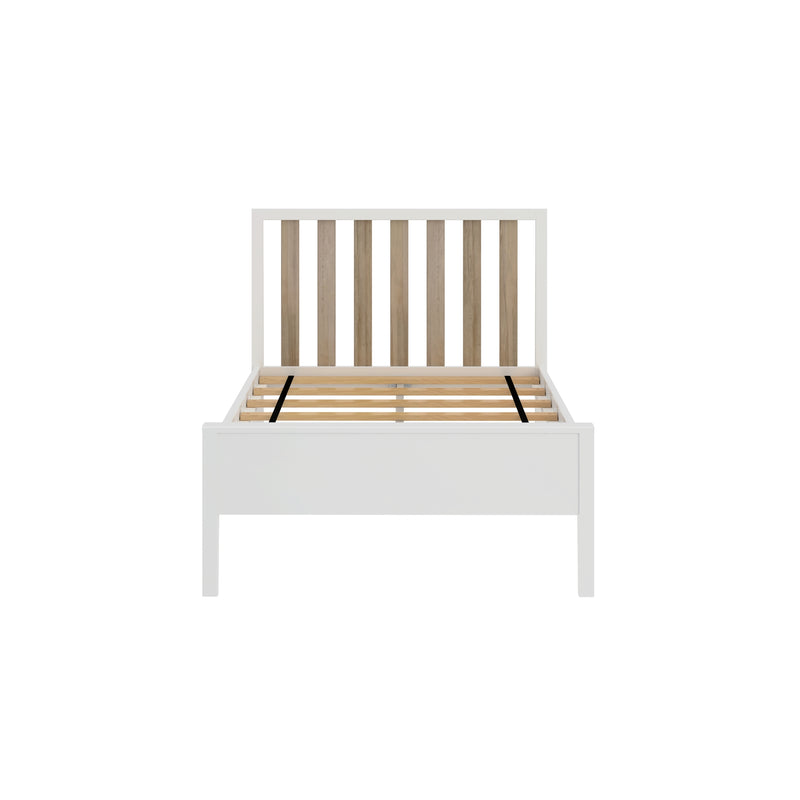 Modern white wooden platform bed frame with natural wood slatted headboard and wooden mattress support slats