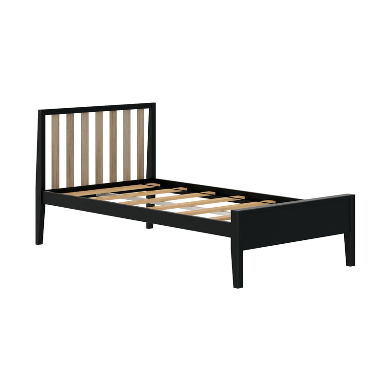 Black platform bed frame with vertical natural wood slat headboard and wooden slat mattress support, modern minimalist bedroom furniture