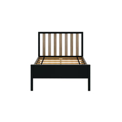 Minimalist black and wood platform bed with slatted headboard.