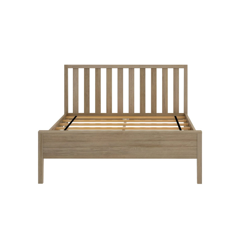 Natural oak wooden platform bed frame with vertical slatted headboard and exposed slatted mattress base