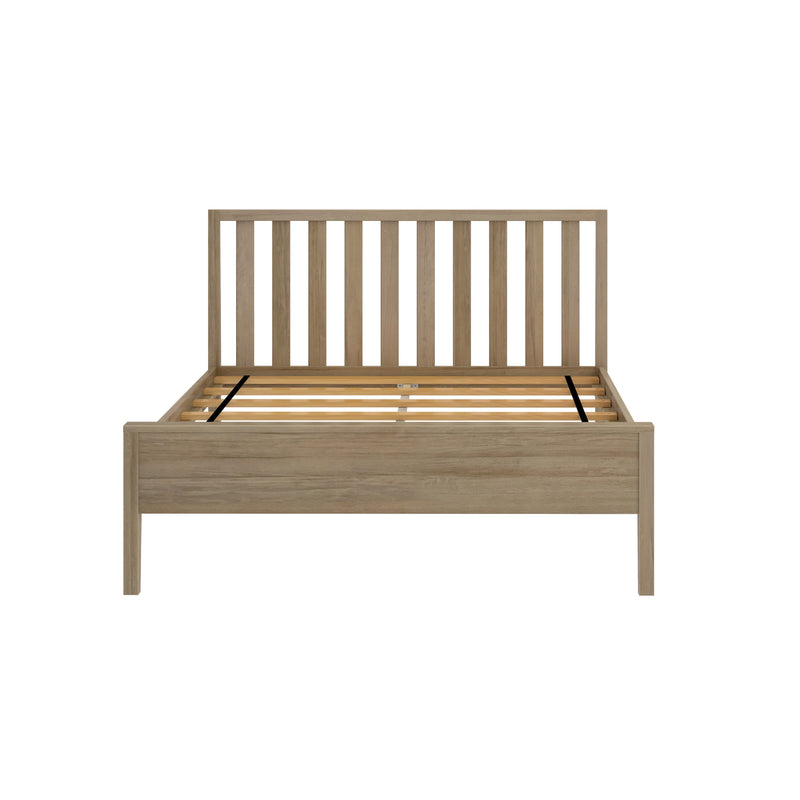 Front view of a natural oak wooden platform bed frame with vertical slatted headboard and wooden slats for mattress support, minimalist modern bedroom furniture