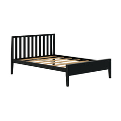 Black wooden bed frame with slatted headboard and sturdy design for a modern bedroom.