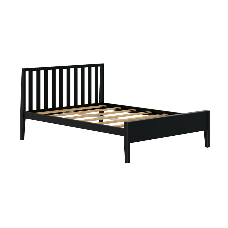 Black wooden platform bed frame with vertical slatted headboard and wooden slats for mattress support, modern minimalist bedroom furniture