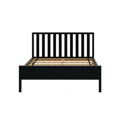 Modern black slatted bed frame with sturdy support and minimalist design.