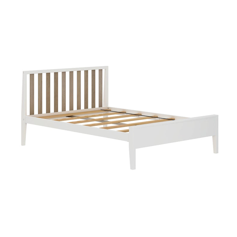 Minimalist white platform bed frame with vertical natural wood slat headboard and wooden slat mattress support