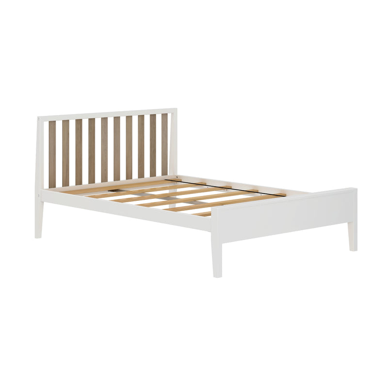 White wooden platform bed with vertical natural wood slatted headboard and exposed wooden slats, modern minimalist bedroom furniture