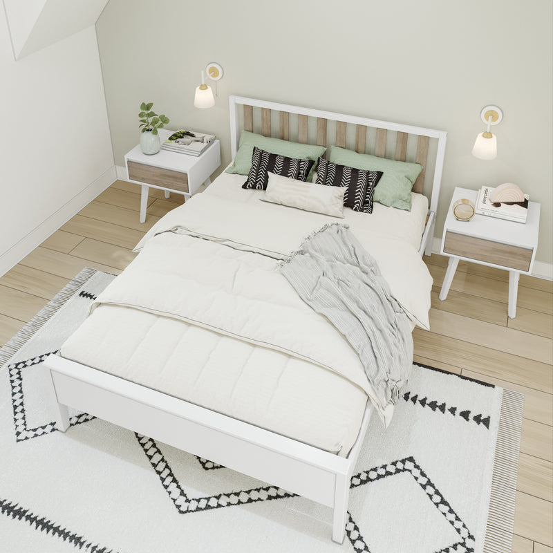 Minimalist Scandinavian bedroom interior with white wooden bed frame, neutral bedding, green accent pillows, matching nightstands, wall sconces and light hardwood floors