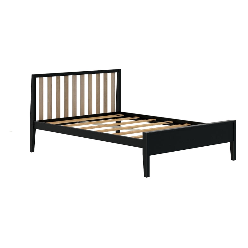 Modern black platform bed frame with vertical natural wood slat headboard and wooden slats for mattress support, minimalist bedroom furniture