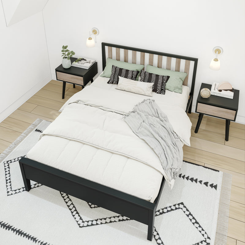 Modern minimalist Scandinavian bedroom interior, aerial view of black wooden bed frame with white bedding, mint green pillows, matching bedside tables, wall sconces and patterned rug