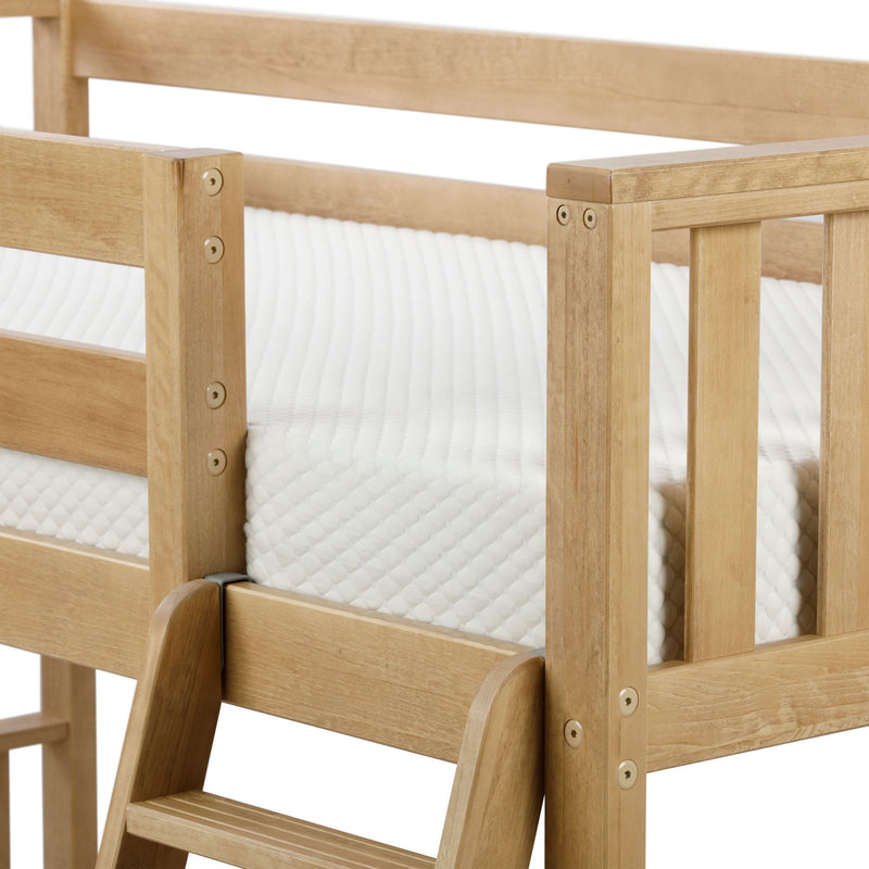 Close-up of natural wood bunk bed guardrail and ladder with white quilted mattress, showing sturdy slatted frame and brass screw hardware