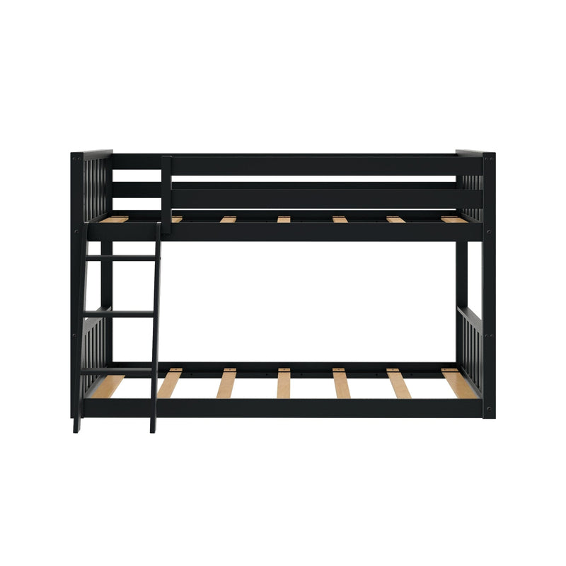 Black wooden loft bunk bed frame with ladder, slatted support rails and guardrail, modern kids' bedroom furniture