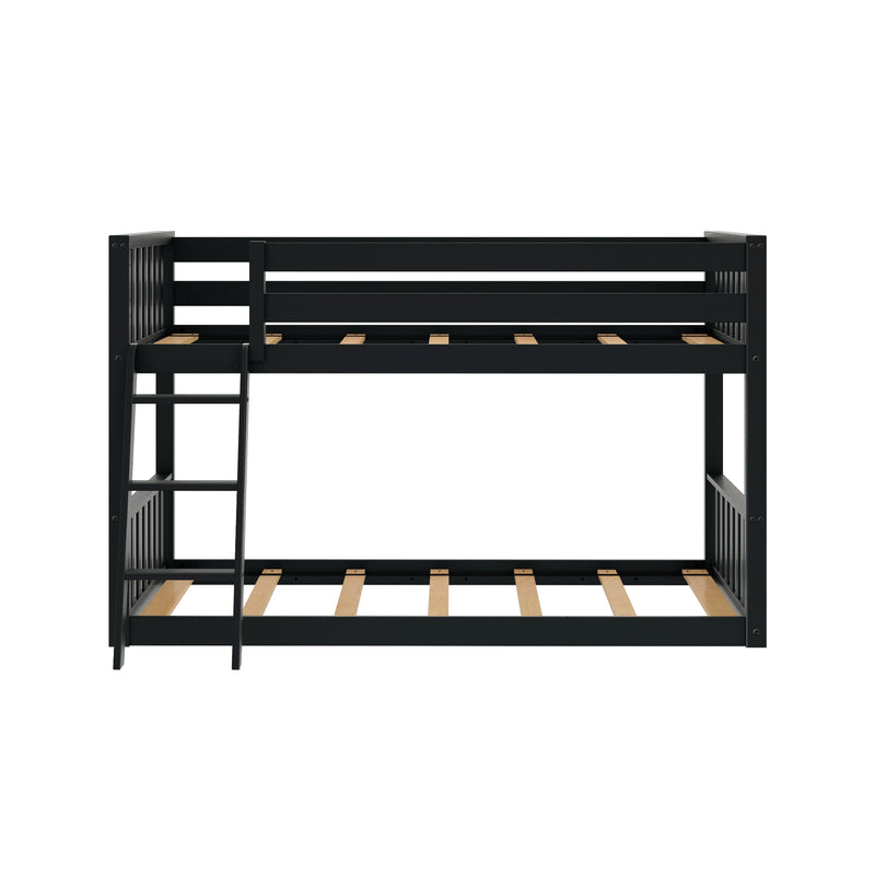 Black wooden bunk bed frame with ladder and guardrails, exposed wooden slats, modern space-saving loft bed
