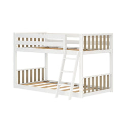 White wooden bunk bed with ladder for kids' room.