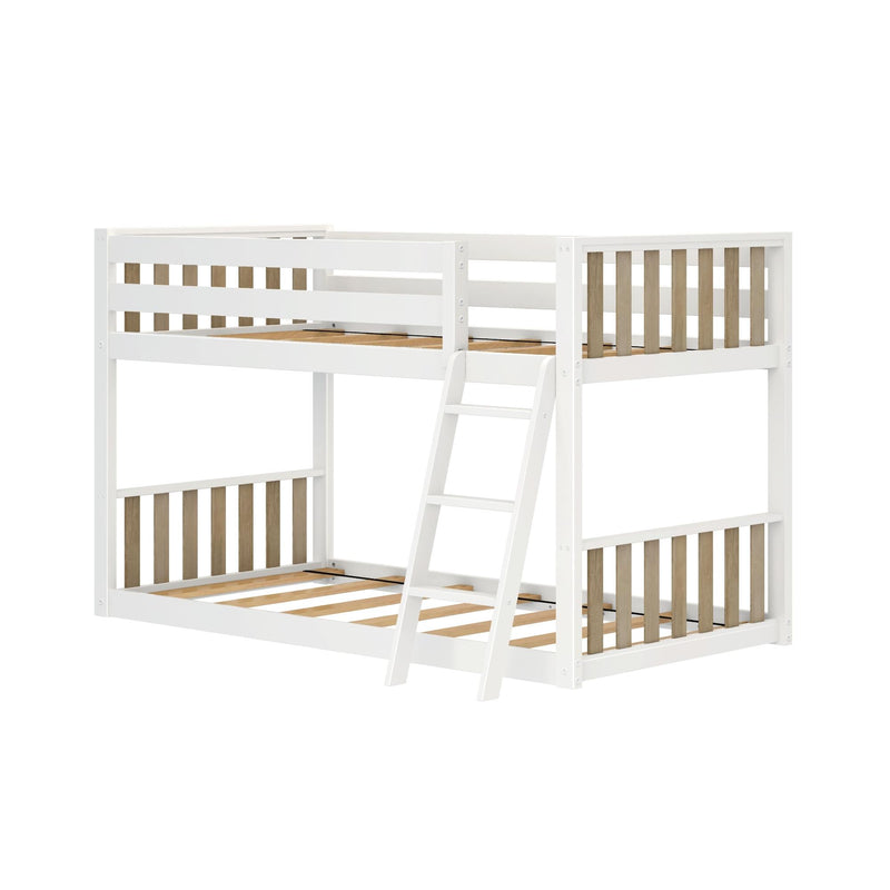 White wooden loft bunk bed with ladder and natural wood slat guardrails, modern twin-over-full space-saving kids bedroom bed