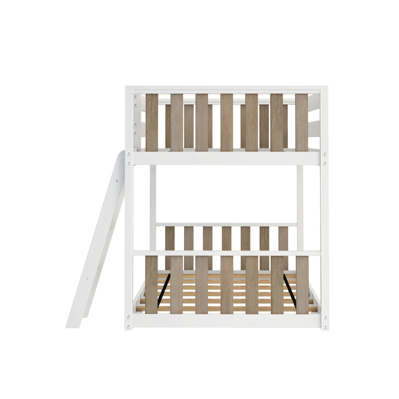 White wood bunk bed with natural wood slat guardrails and angled ladder, modern loft-style kids bunk bed
