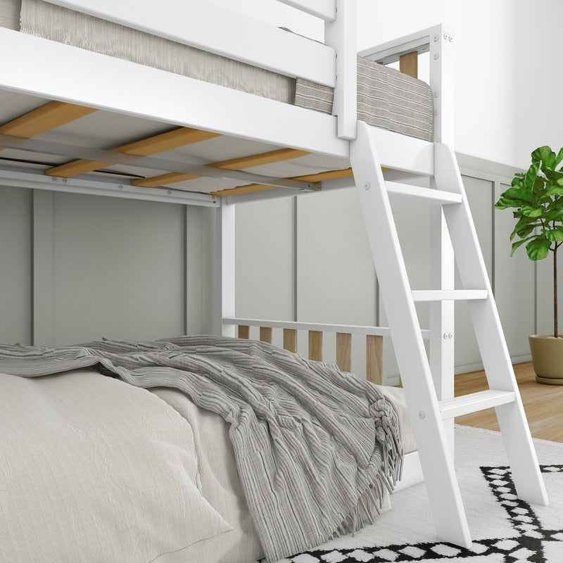 Modern space-saving white wooden bunk bed with angled ladder, gray striped bedding and neutral decor in a bright bedroom with hardwood floor and potted plant