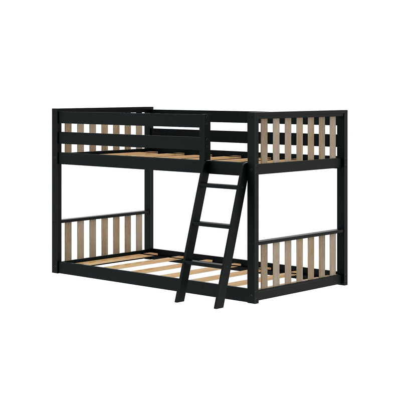 Black wooden twin-over-twin bunk bed with angled ladder, slatted guardrails and natural wood slats on white background