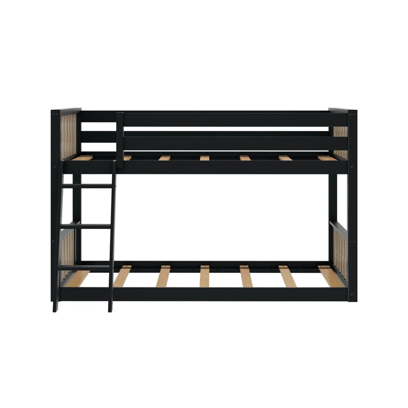 Black wooden twin-over-twin bunk bed with ladder and slatted mattress supports, modern space-saving kids bedroom furniture