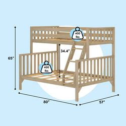 Solid natural wood twin-over-full bunk bed with fixed ladder, full-length guardrails and slatted platforms, 400 lb capacity per bed, 80″L x 57″W x 65″H, 34.4″ lower clearance