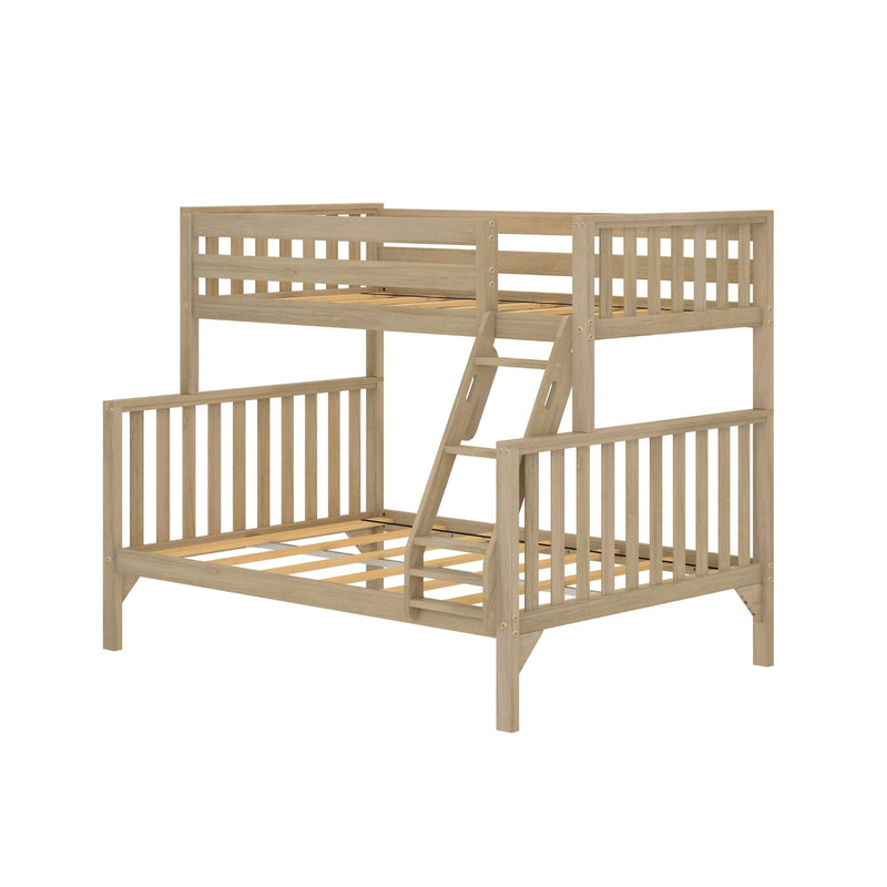 Natural oak wood loft bunk bed with integrated ladder, vertical slat guardrails and platform frame (no mattresses)