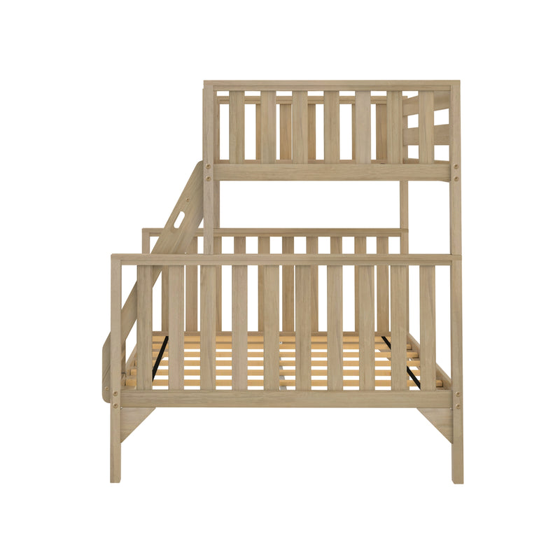 Natural oak solid wood loft-style bunk bed frame with ladder, slatted guardrails and visible mattress slats — modern kids' bedroom furniture