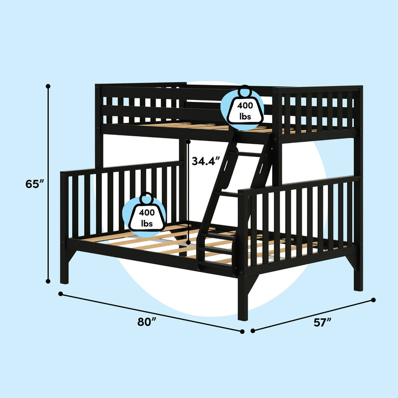 Black wooden twin-over-full loft bunk bed with ladder and slatted guardrails, 400 lb weight capacity, 80″ x 57″ x 65″ dimensions on light blue background