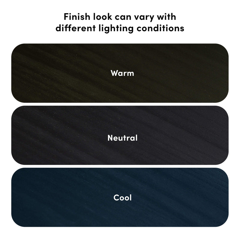 Wood finish samples showing warm, neutral, and cool lighting variations — three rounded dark wood-grain swatches labeled "Warm", "Neutral", "Cool" under heading "Finish look can vary with different lighting conditions".