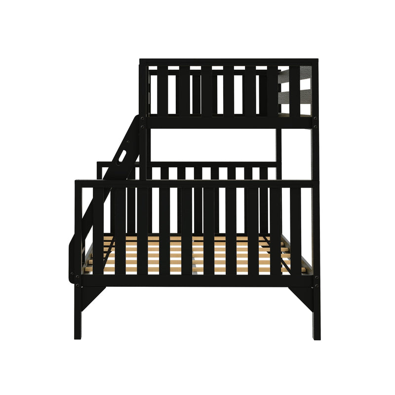 Black wooden loft bunk bed with ladder, vertical slatted guardrails and wooden slat mattress support — modern space‑saving kids bed