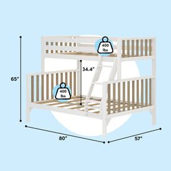 White wooden twin-over-full bunk bed with angled ladder and slatted guardrails, natural wood slats, dimensions 80" L x 57" W x 65" H, 34.4" clearance between bunks, 400 lb weight capacity per bed