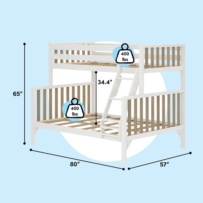 White wooden twin-over-full bunk bed with angled ladder and slatted guardrails, natural wood slats, dimensions 80" L x 57" W x 65" H, 34.4" clearance between bunks, 400 lb weight capacity per bed