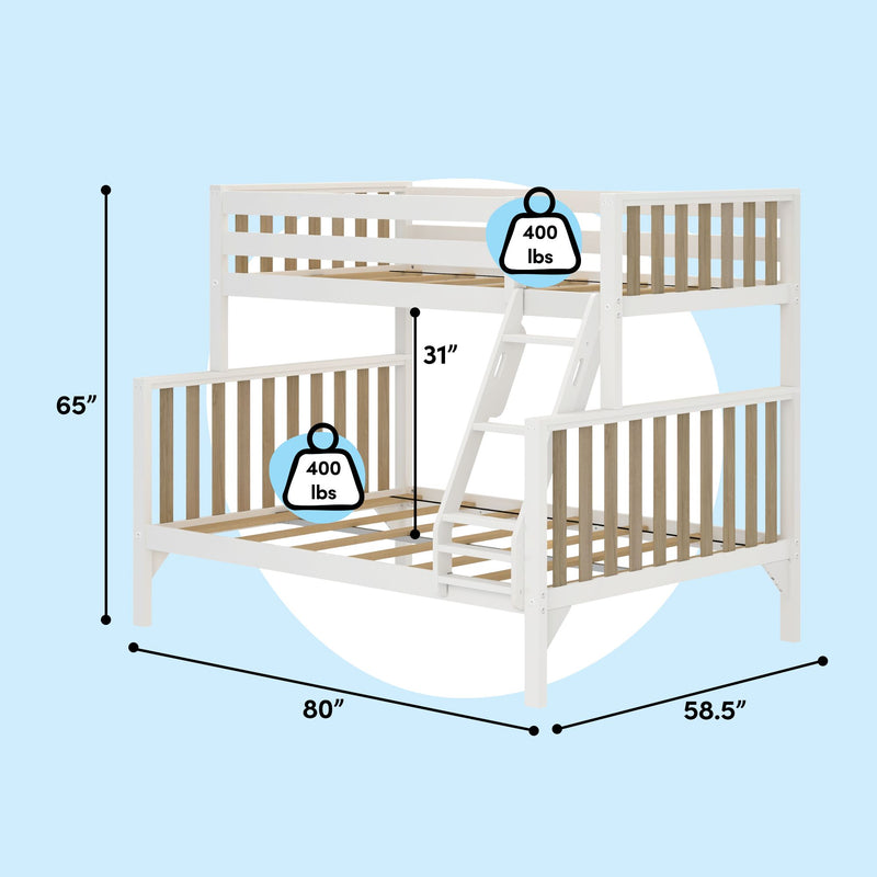White twin-over-full bunk bed with ladder and natural wood slats, 400 lb weight capacity per bed, dimensions 80 in L × 58.5 in W × 65 in H